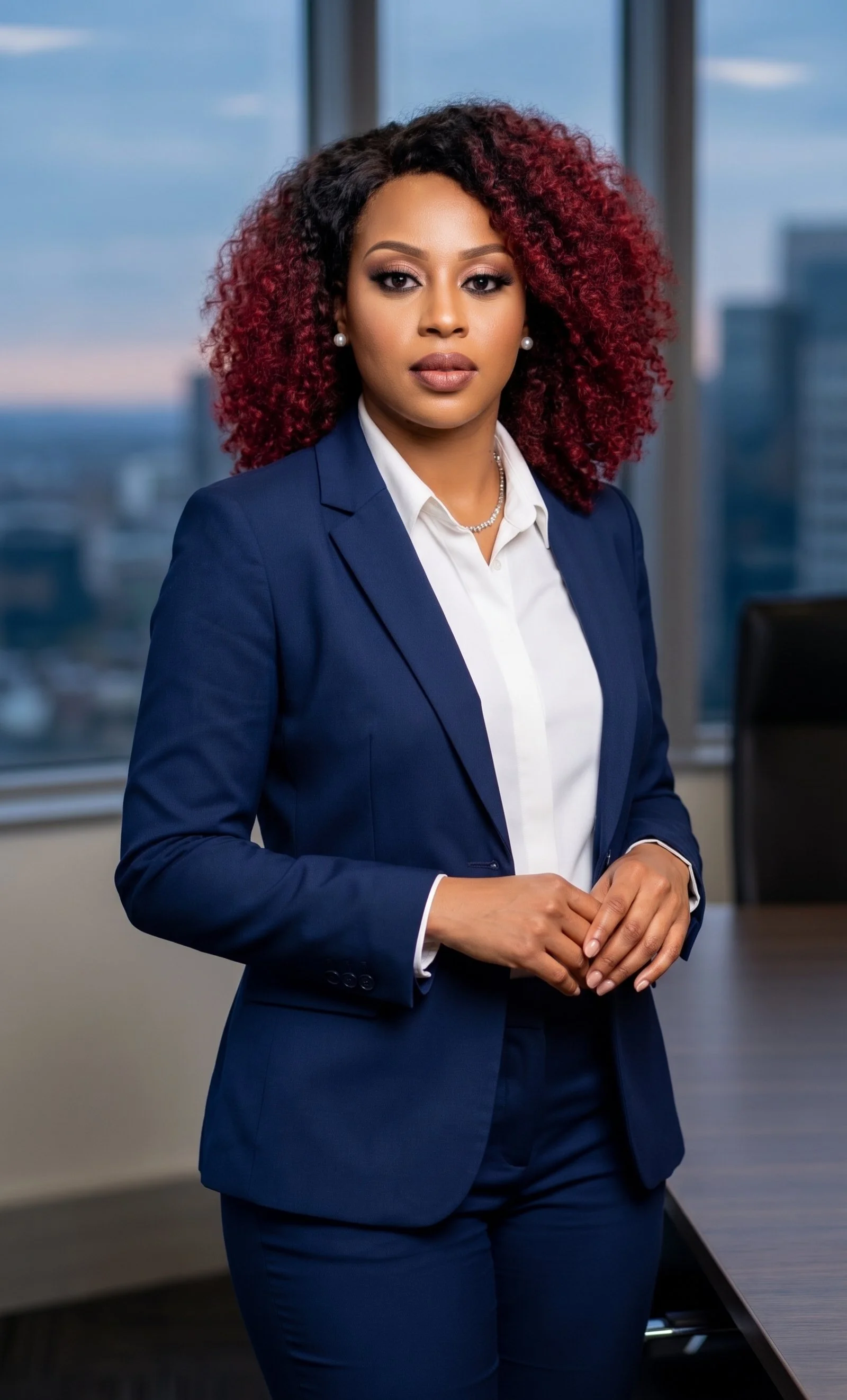 A woman with short, curly purple hair, wearing a dark blazer and white shirt, smiling in front of a plain background.