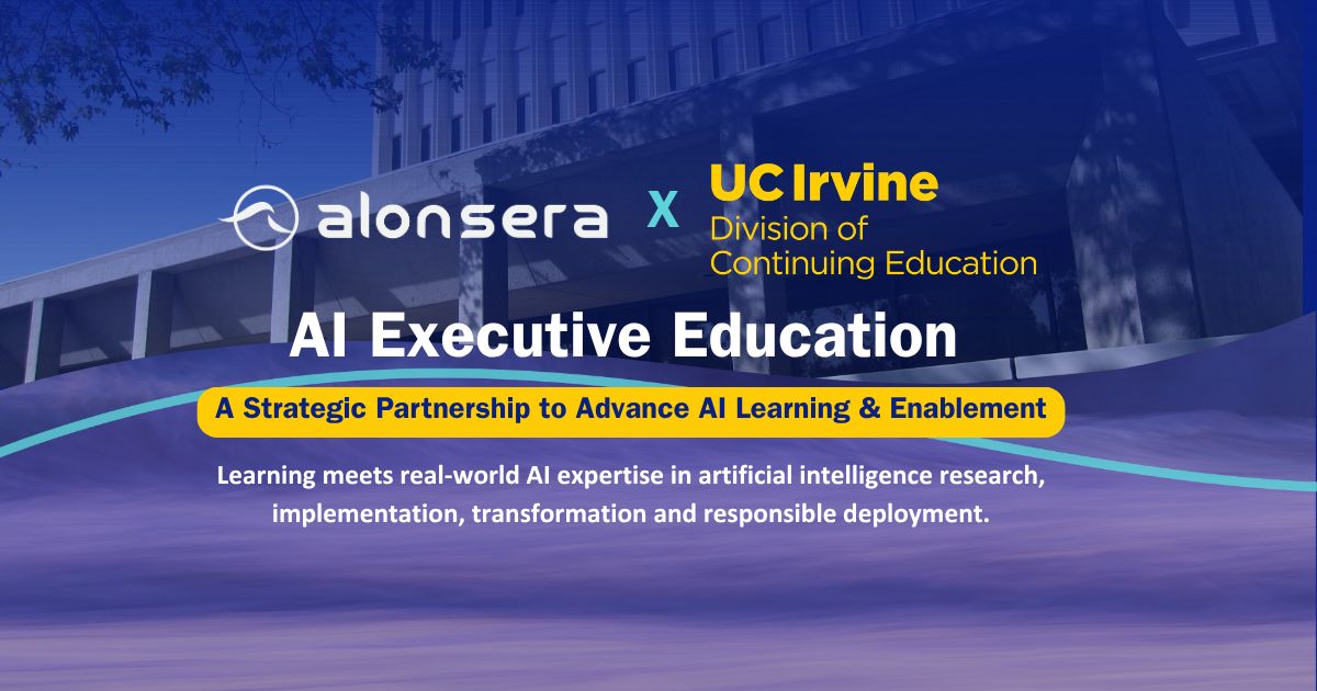 Digital poster announcing a strategic partnership between Alonsera and UC Irvine Division of Continuing Education for AI Executive Education focused on advancing AI learning and responsible deployment.