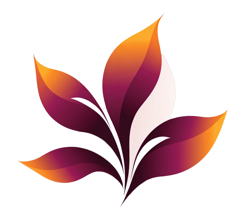 Stylized flower with six large, curved petals in shades of red, orange, purple, and white