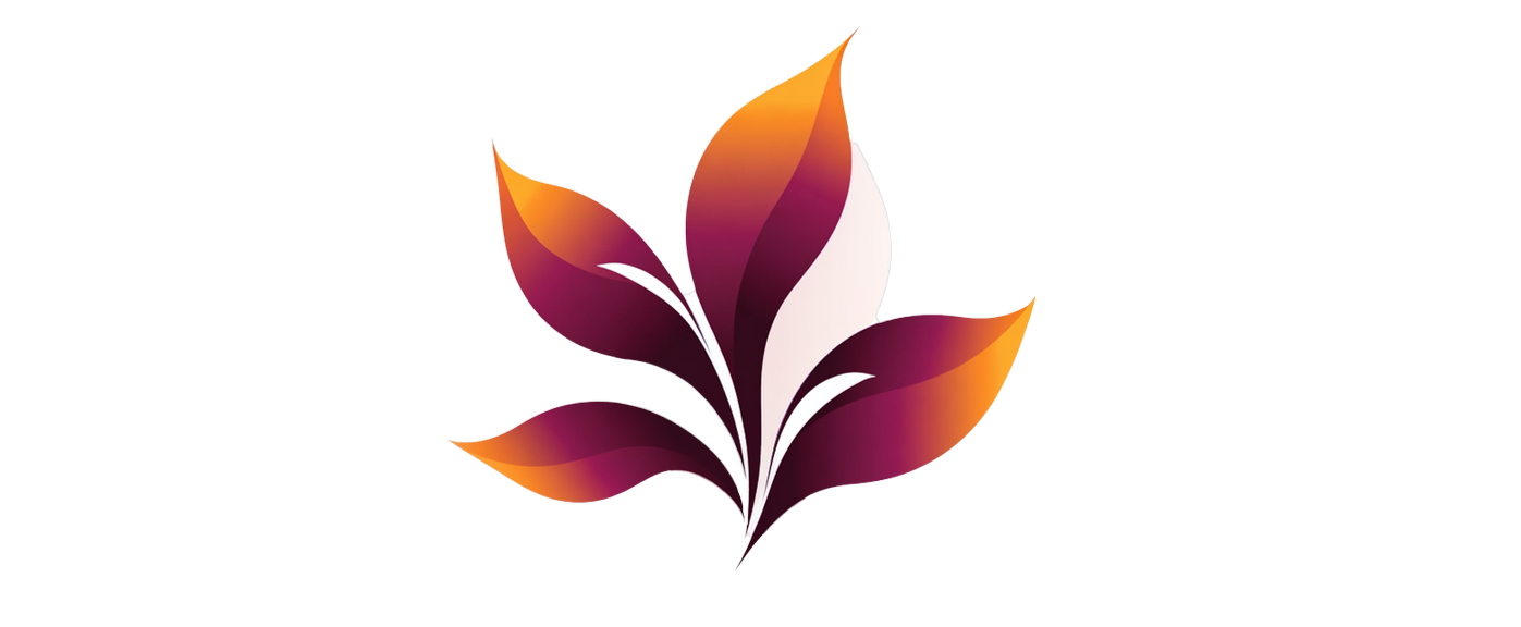 Stylized digital illustration of a flower with five petals in shades of purple, orange, and white.