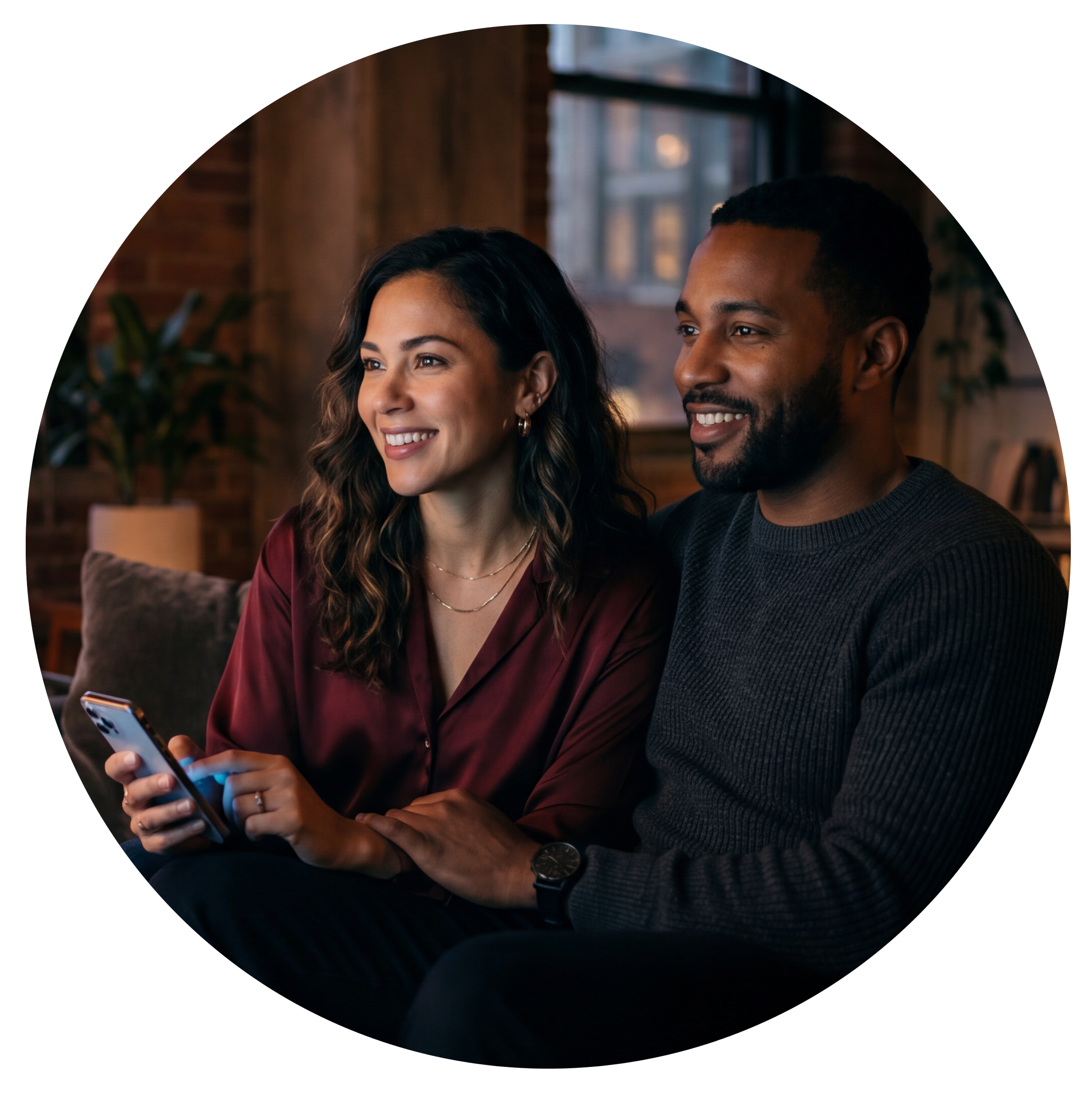 Happy woman and man sitting together indoors, smiling, with the woman holding a smartphone, amid warm lighting and relaxed atmosphere.