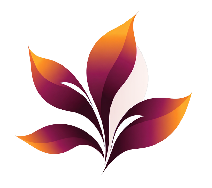 A stylized, colorful illustration of a four-petal flower with gradient shades of purple, orange, and white.