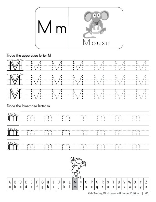 Kids Tracing Workbook page showing letter tracing for uppercase ‘M’ and lowercase ‘m,’ with an illustration of a mouse, designed for children to practice writing the alphabet.