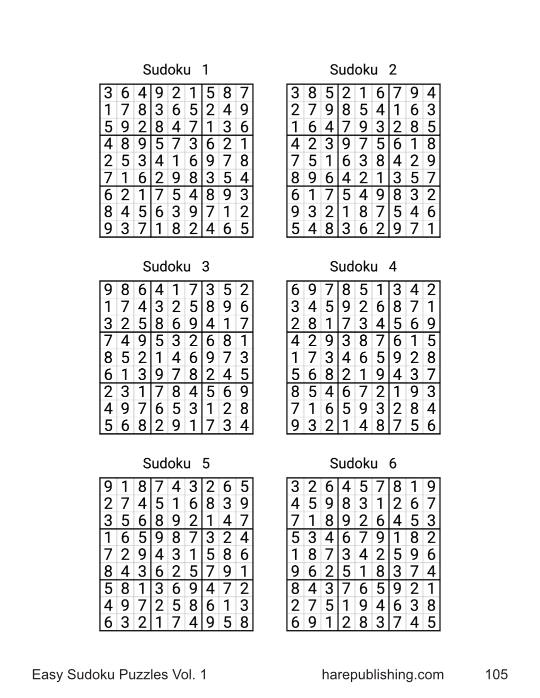 Solutions page displaying six completed Sudoku grids for puzzles 1-6.