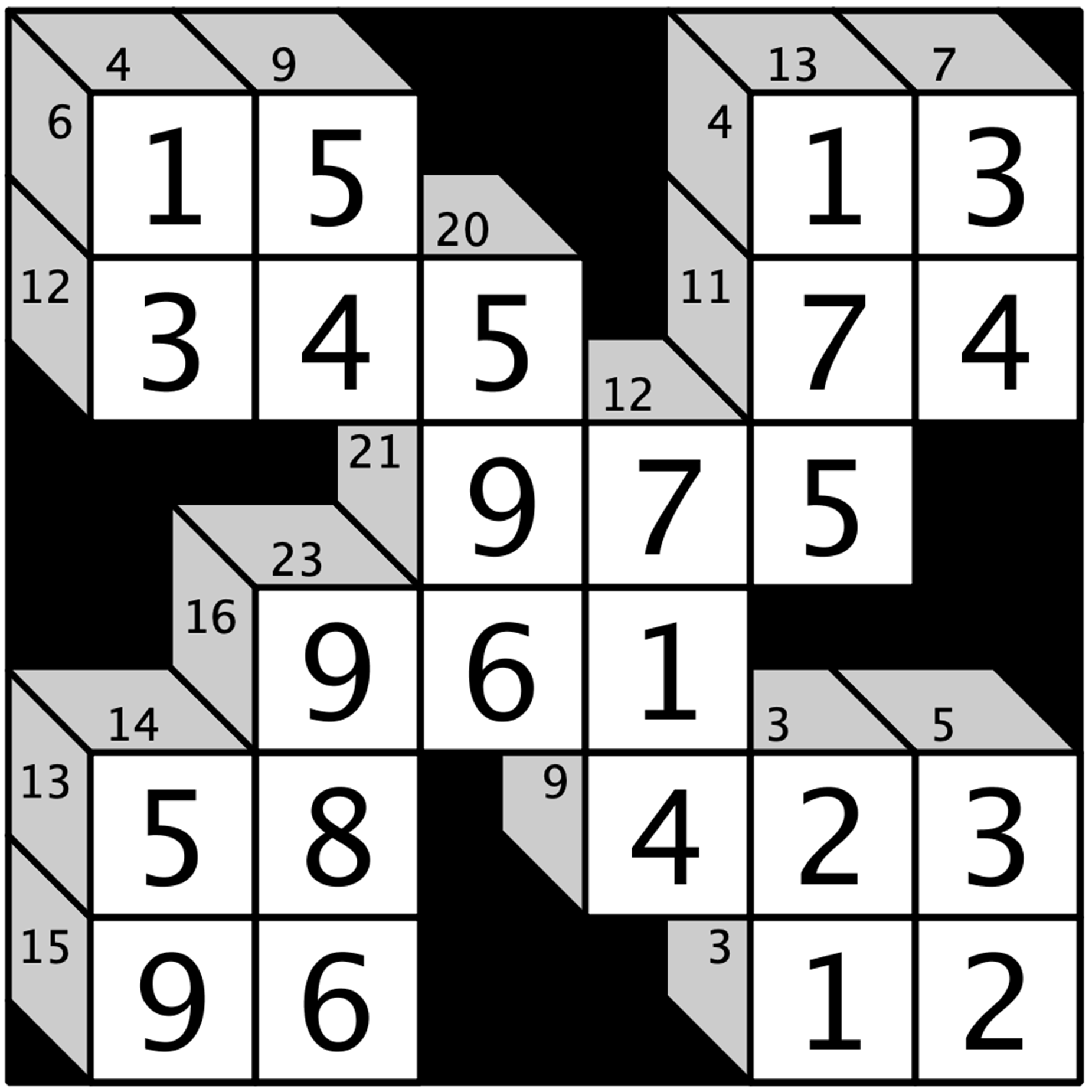 A Kakuro solution with numbered cells in black, white, and gray, featuring rows, columns, and boxes with numbers ranging from 1 to 9.