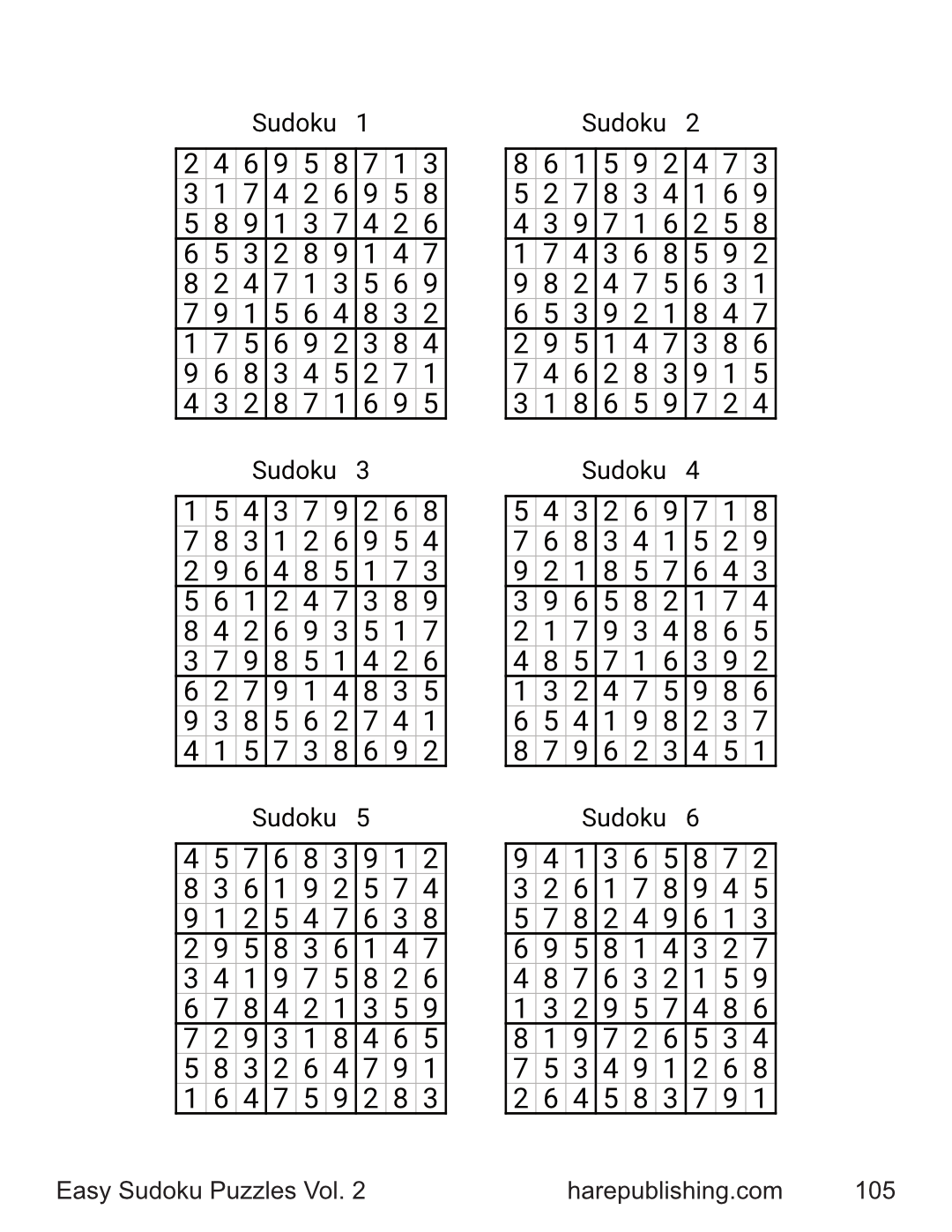 Solutions page displaying six completed Sudoku grids for puzzles 1-6.