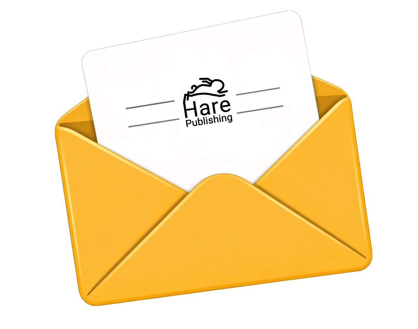 A gold open envelope with a Hare Publishing branded letter card inside, representing the Puzzlers Hub email newsletter sign-up.