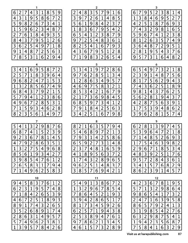 Sudoku Puzzles Mediium to Hard Puzzles with Solutions solution page from Volume 1, showing twelve puzzle solutions per page.