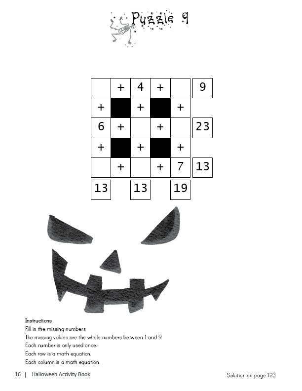 Halloween Activity Book for Kids featuring a math puzzle with missing numbers and a jack-o-lantern illustration, where children need to fill in the numbers to complete the equations.