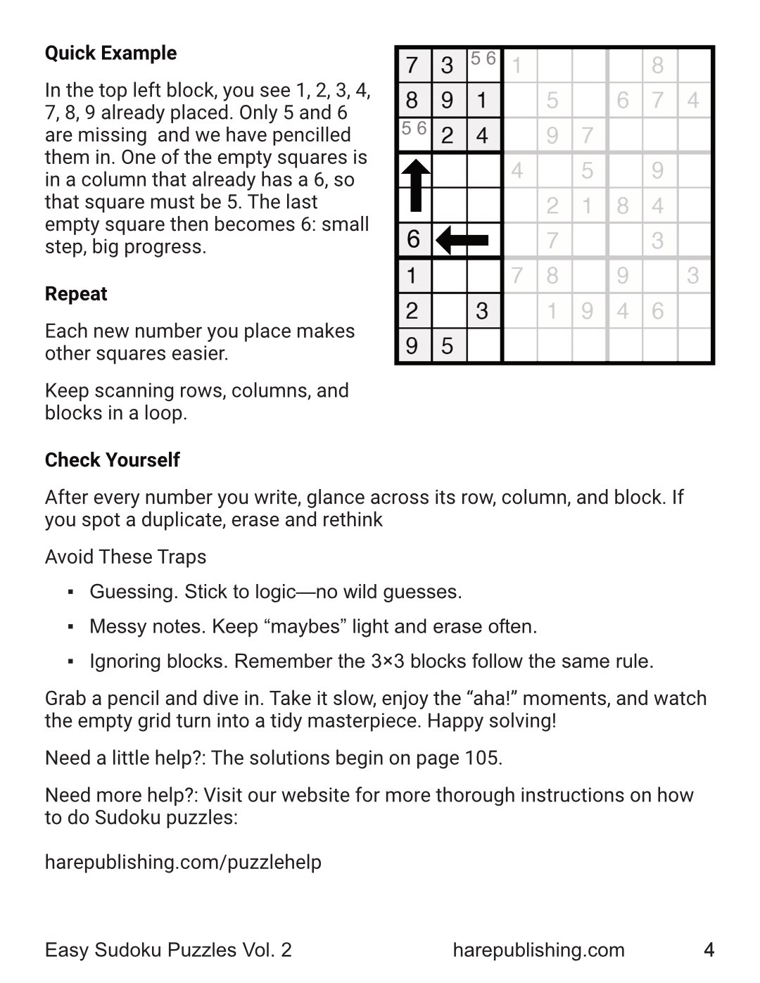 Step-by-step example solving two squares, repeat-scan advice, and common traps checklist.