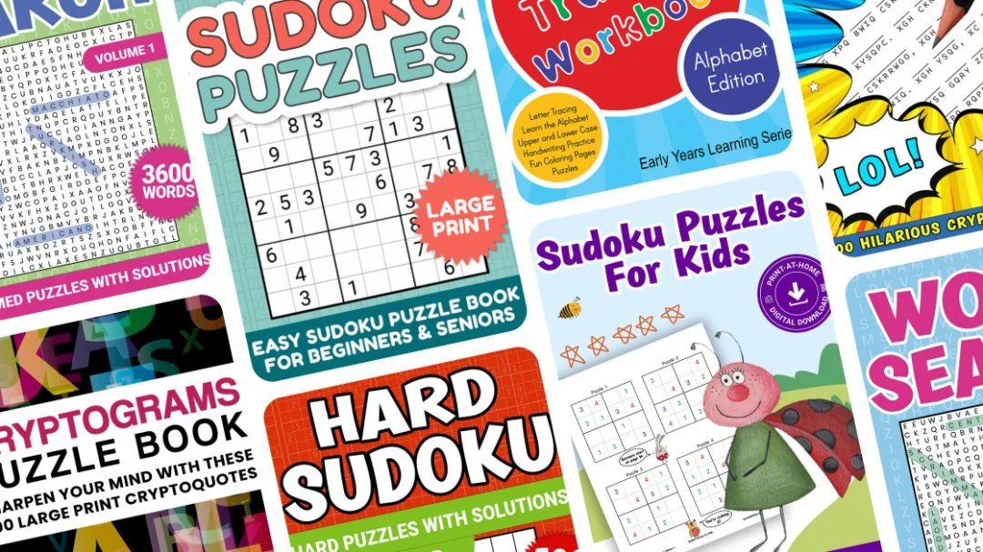 A collage of various puzzle books and activity guides for children and beginners, including Sudoku puzzles, cryptogram puzzles, crossword puzzles, and educational alphabet editions with colorful and playful covers.