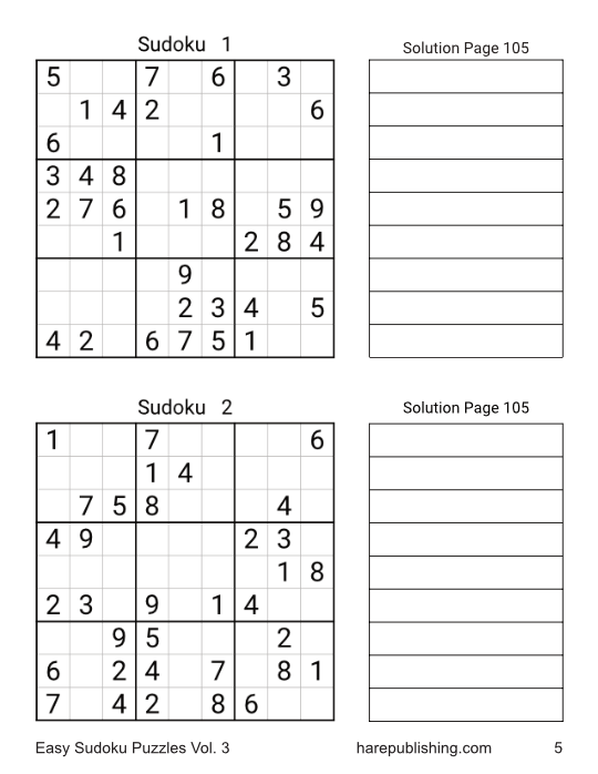 First puzzle page of the book featuring Sudoku puzzles 1 and 2. Each puzzle has a large-print 9x9 grid on the left and a blank notes area on the right labeled “Solution Page 105.”