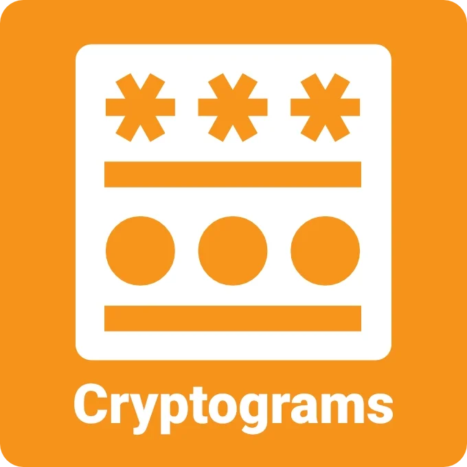 Cryptogram puzzle icon showing an encoded message with symbols and letter placeholders
