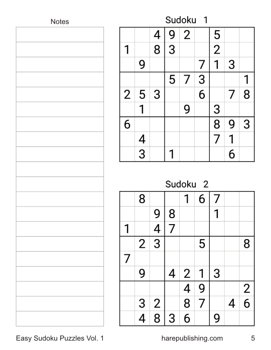 Puzzle spread featuring two large Sudoku grids, lined notes areas, and reference to solutions page 105.
