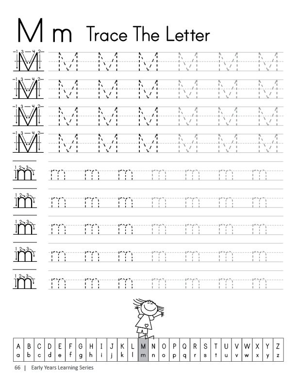 Kids Tracing Workbook page showing letter tracing for uppercase ‘M’ and lowercase ‘m,’ designed for children to practice writing the alphabet.