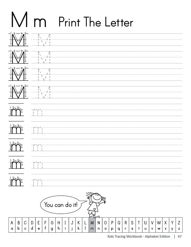Kids Tracing Workbook page showing letter tracing for uppercase ‘M’ and lowercase ‘m,’ and fewer hints designed for children to practice writing the alphabet.