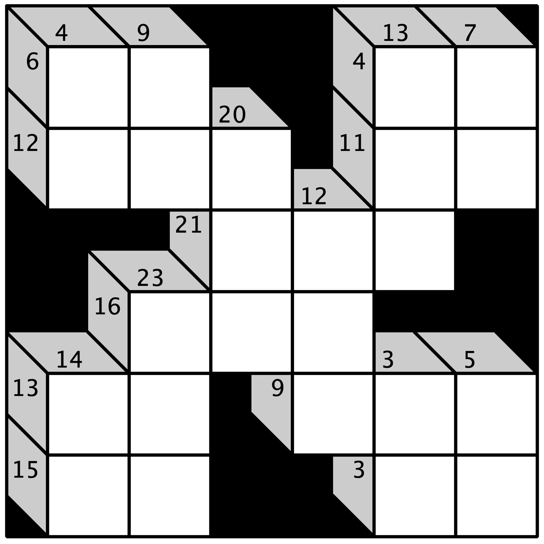 A Kakuro puzzle with numbers filled in from 1 to 25, featuring black and white squares with some gray shaded sections.