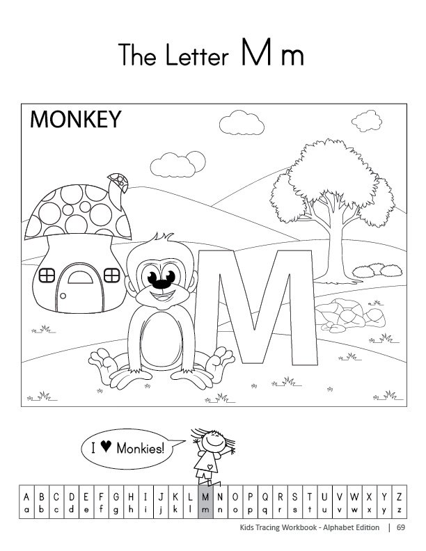 Kids Tracing Workbook page featuring the letter ‘M’ with a fun illustration of a monkey, a mushroom house, and a large ‘M’ letter for coloring.