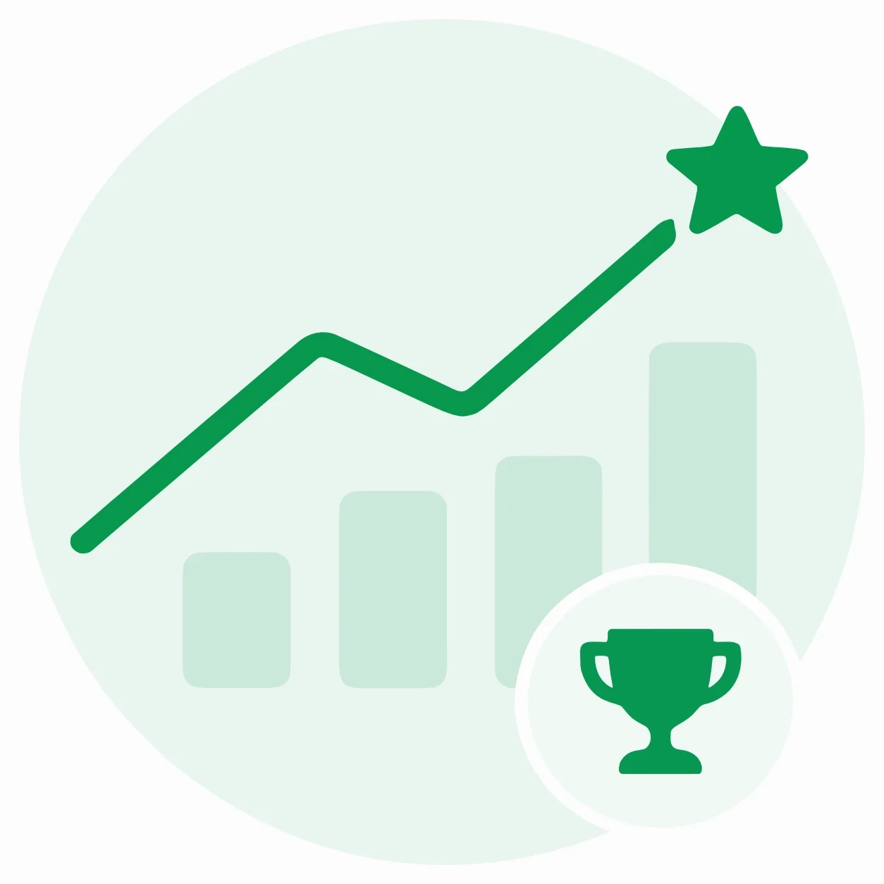 Illustration of a rising progress chart with a trophy symbol representing puzzle achievements, progress tracking, and solving streaks.