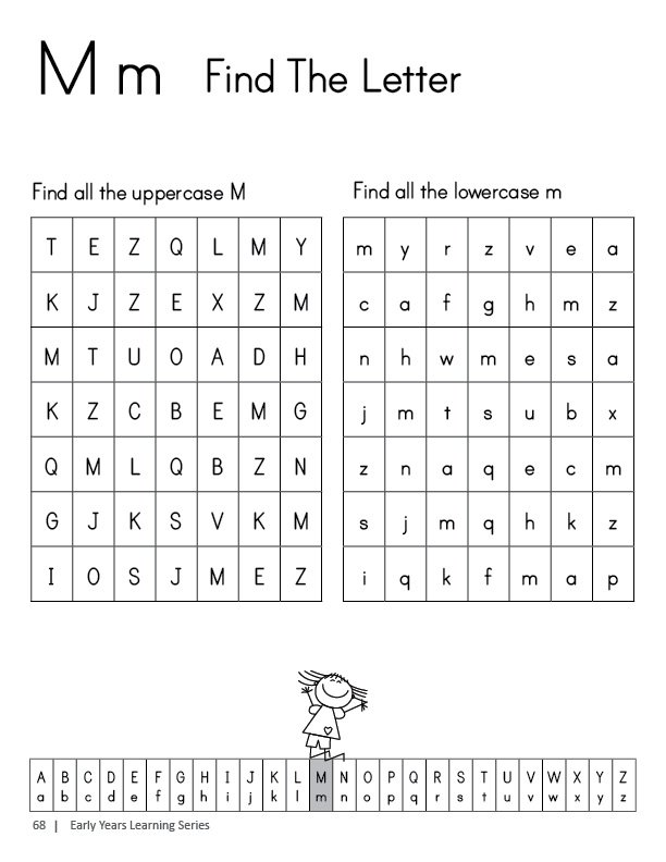Kids Tracing Workbook page with ‘Find the Letter’ activity, where children are asked to find all the uppercase ‘M’ and lowercase ‘m’ letters in the given letter grid.