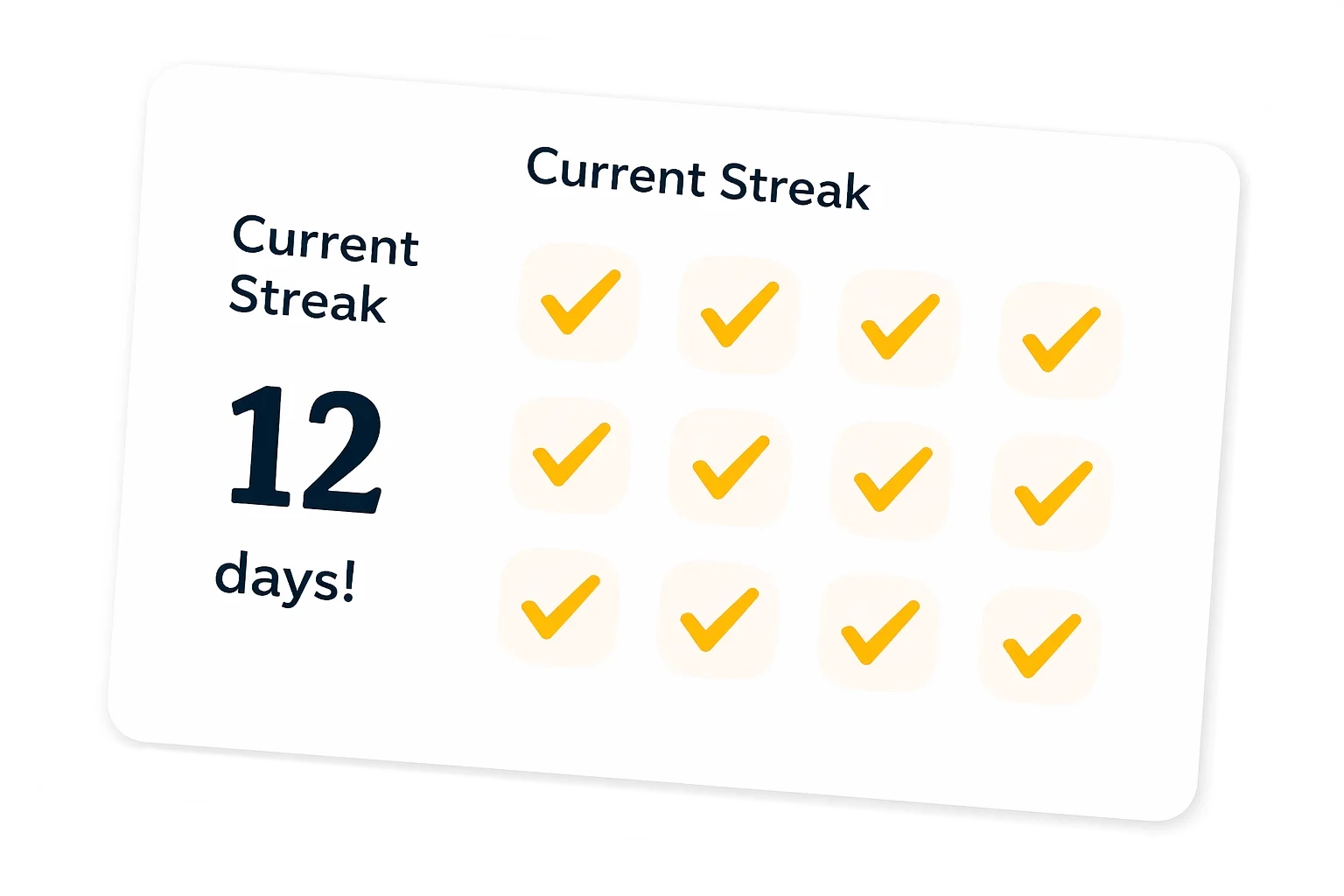 A streak tracking card showing "Current Streak: 12 days!" with twelve gold checkmarks in a grid, representing consecutive days of puzzle solving.