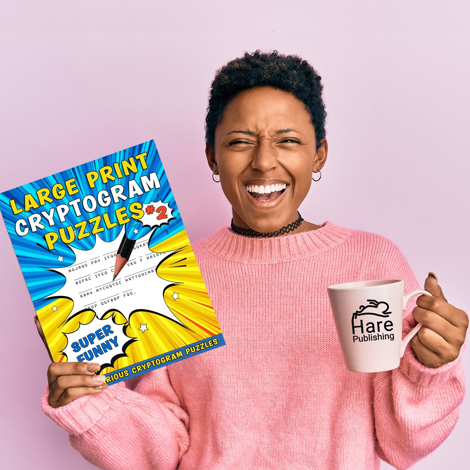 Femal laughing holding Large Print Cryptogram Puzzles Volume 2 by Hare Publishing and drinking coffee from mug of same brand
