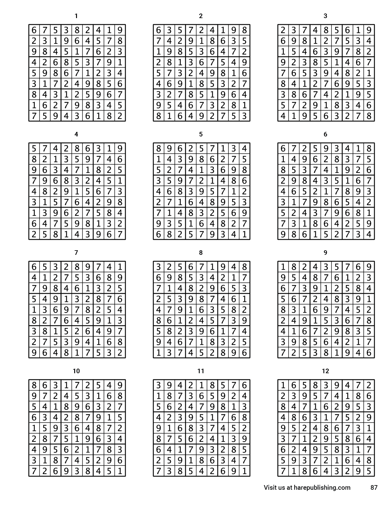 Sudoku Puzzles Medium to Hard Puzzles with Solutions solution page from Volume 1, showing twelve puzzle solutions per page.