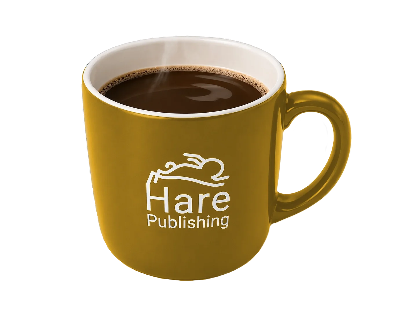 A gold coffee mug branded with the logo for Hare Publishing.