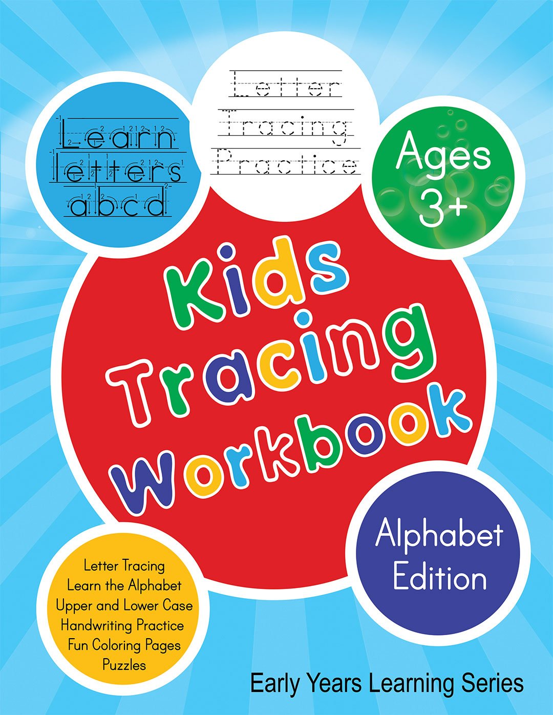 Kids Tracing Workbook cover featuring letter tracing practices, learning the alphabet, and handwriting practice, with bright and colorful lettering designed for children ages 3 and up.