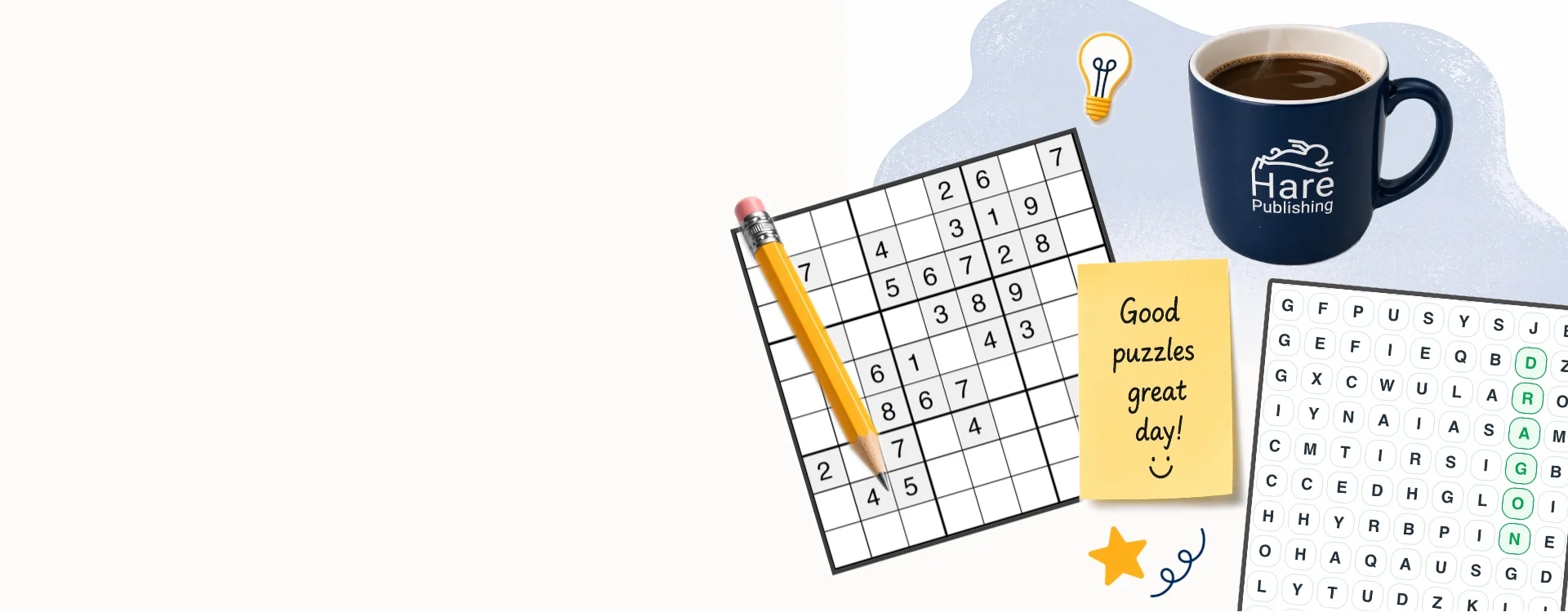 Puzzlers Hub banner featuring a Sudoku grid with a pencil, a Hare Publishing coffee mug, a word search grid, and a sticky note that reads "Good puzzles great day!" with a smiley face.