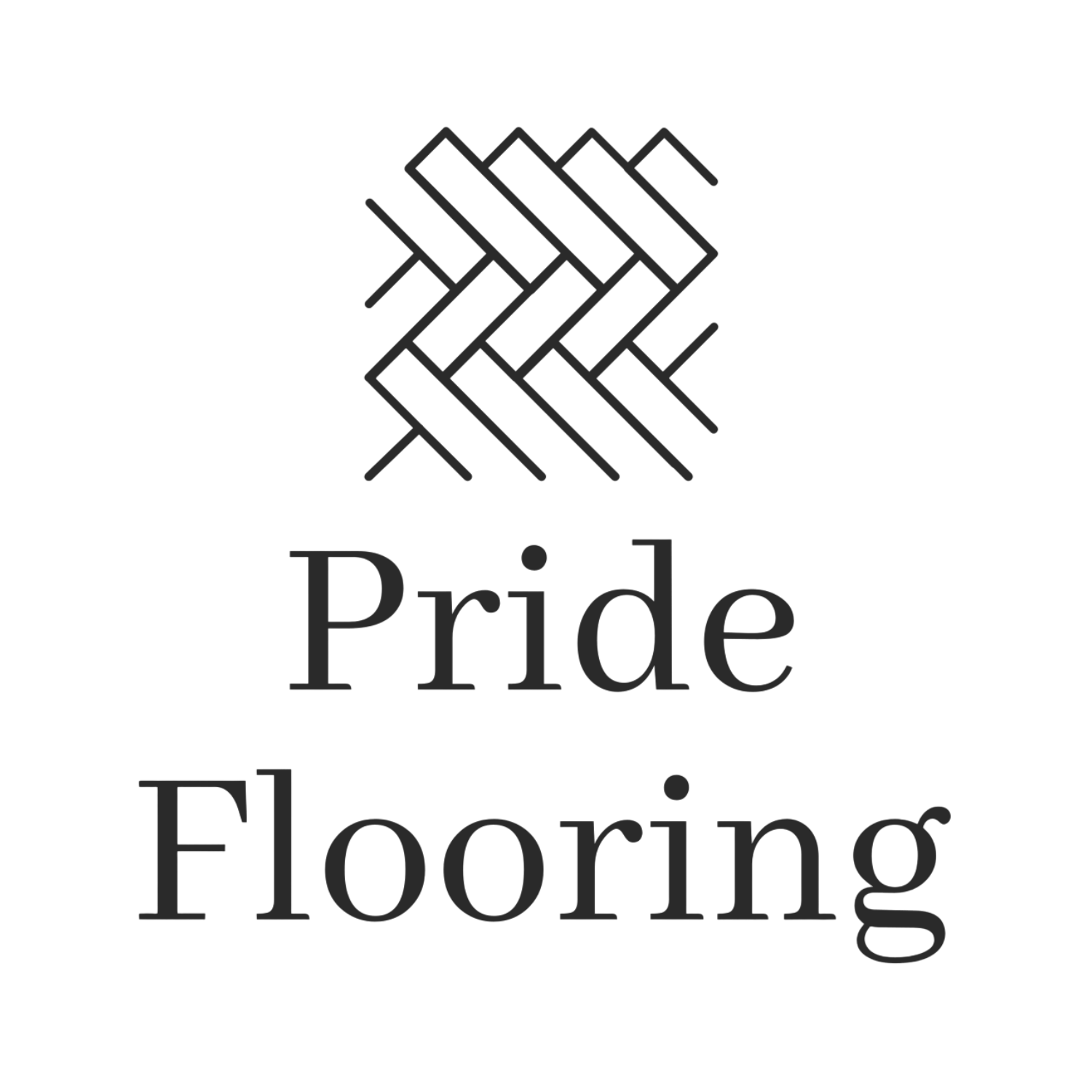 Black and white logo with an abstract geometric flooring pattern above the words "Pride Flooring" in a bold serif font.
