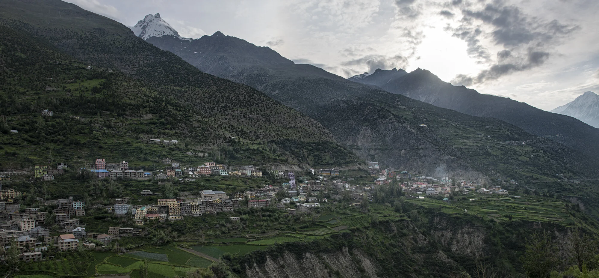 Keylong mit Terrassenfeldern im Bhaga-Tal, Lahaul, Himachal Pradesh