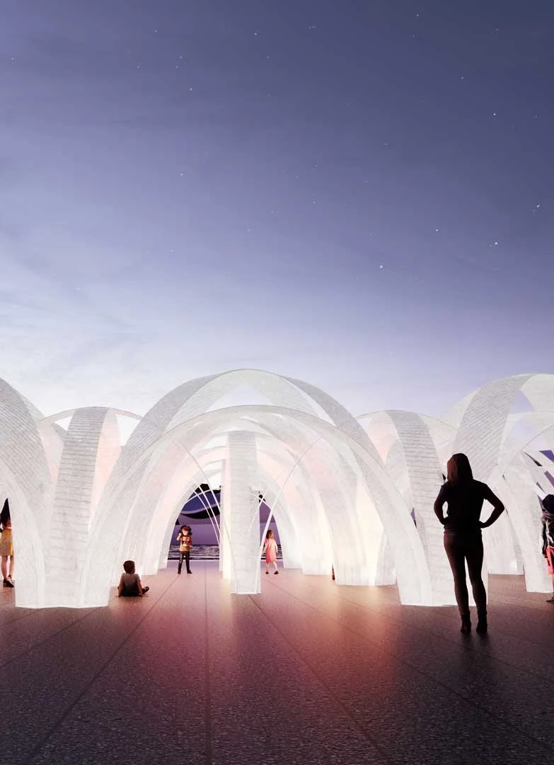 Fireworks Architectural art installation interwoven illuminated arches, dynamic play of light shadow, intersected arc aesthetics, interactive urban art designed by Rhose architects experiential public spaces. Singapore UAE Dubai Rhos Architects