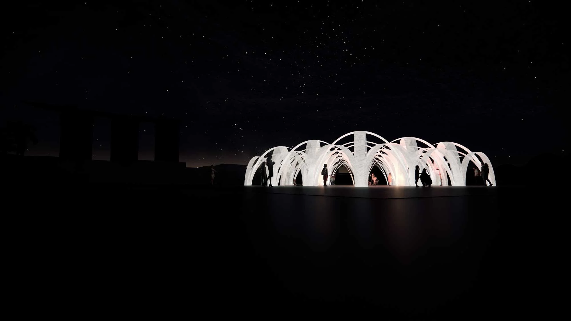 Fireworks Architectural art installation interwoven illuminated arches, dynamic play of light shadow, intersected arc aesthetics, interactive urban art designed by Rhose architects experiential public spaces. Singapore UAE Dubai Hamed Hasani Architec