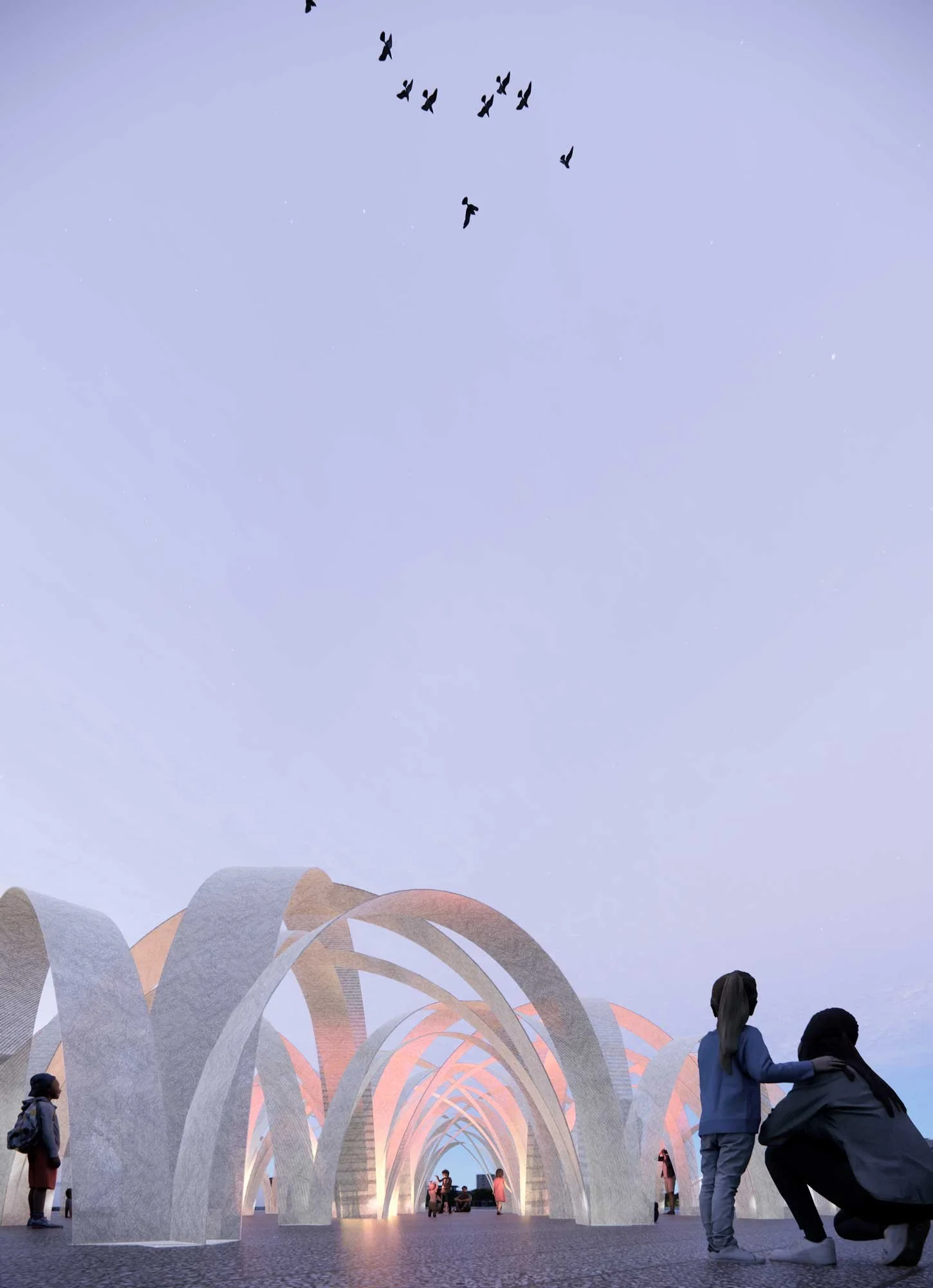 Fireworks Architectural art installation interwoven illuminated arches, dynamic play of light shadow, intersected arc aesthetics, interactive urban art designed by Rhose architects experiential public spaces. Singapore UAE Dubai حامد حسنی Studio