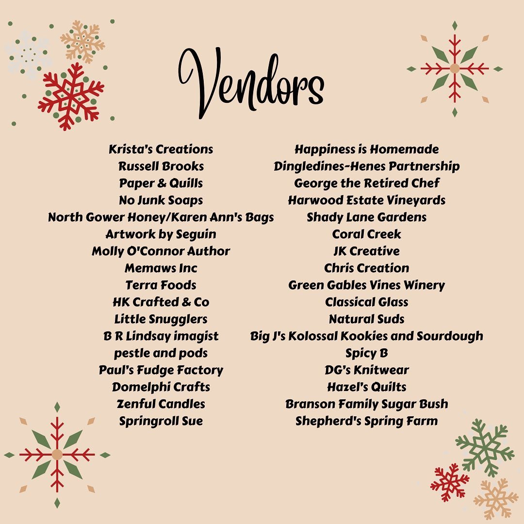 Lots of your favourite vendors plus new ones to be found at this year&rsquo;s Christmas Market!

You&rsquo;ll find crafts 🎀🧸🧵 and jewelry 💍 candles 🕯️ and cupcakes 🧁 cookies 🍪 books 📚 and bags 👛 olive oil 🫒 soaps 🧼 and bubbles 🫧 wine 🍾 t