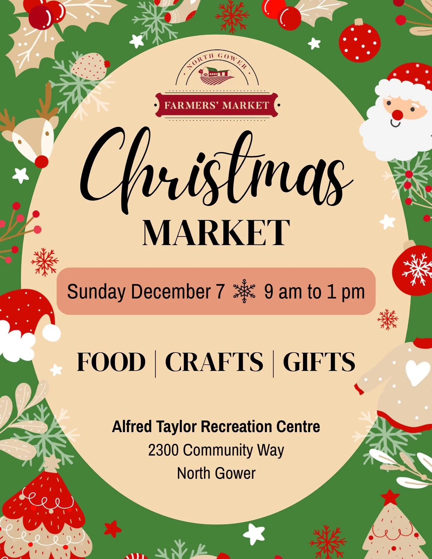 Our annual Christmas Market is on Sunday December 7 from 9 am to 1 pm 

Over 30 vendors with lots of local 🇨🇦 food, crafts and gifts for everyone on your holiday list!
You&rsquo;ll find:
Baked goods 🥐🍞🍪🧁🥧🍩
Crafts 🧵🧶
Honey 🍯🐝
Candles 🕯️
J