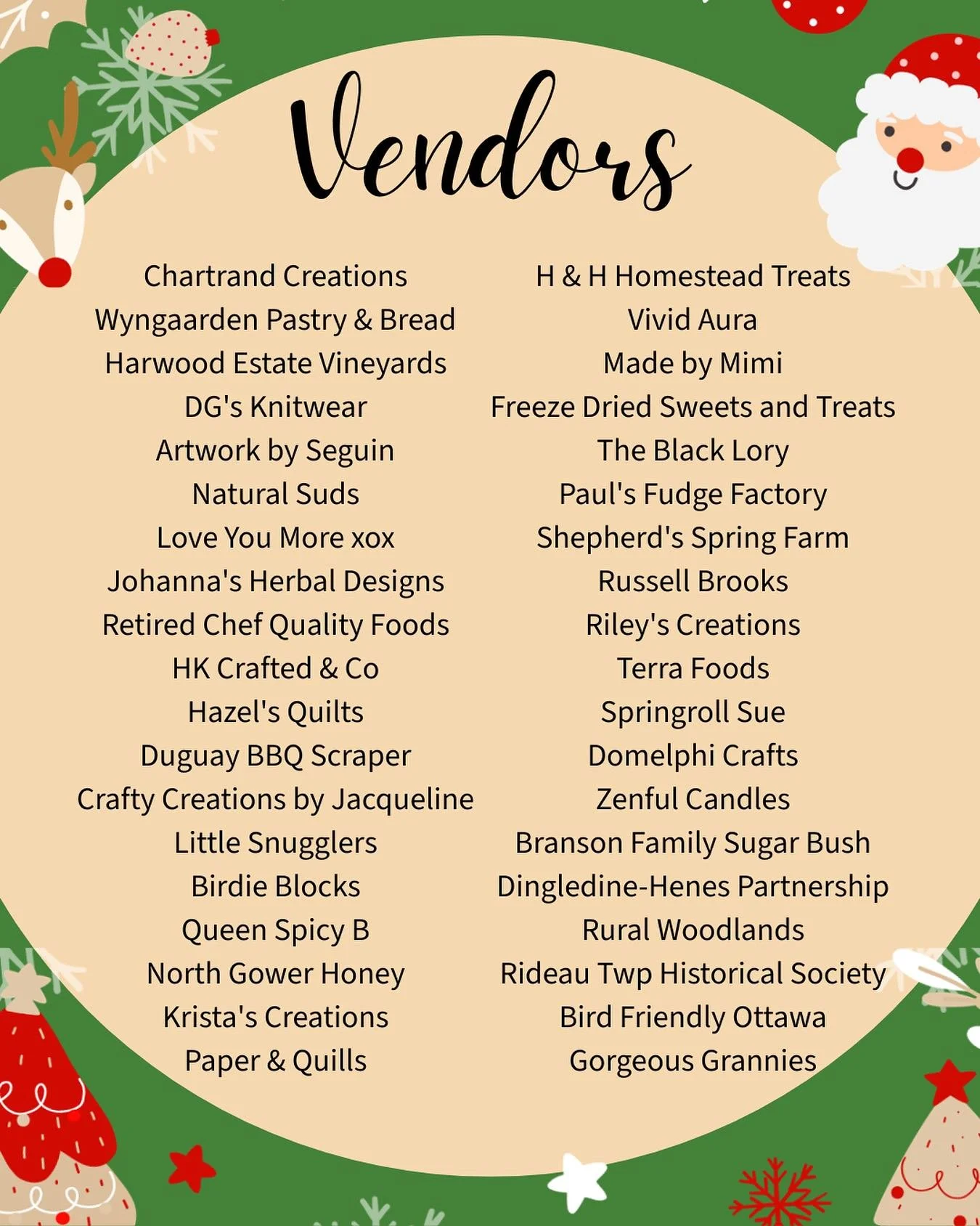Our vendors! Old faves and new ones too! Lots of exciting and creative gift ideas - food 🧁and treats 🍭 holiday decor 🌟 and handmade crafts 🧸 
All local, all small businesses.

🕰️ Sunday December 7, 9am to 1pm

📍2300 Community Way, North Gower

