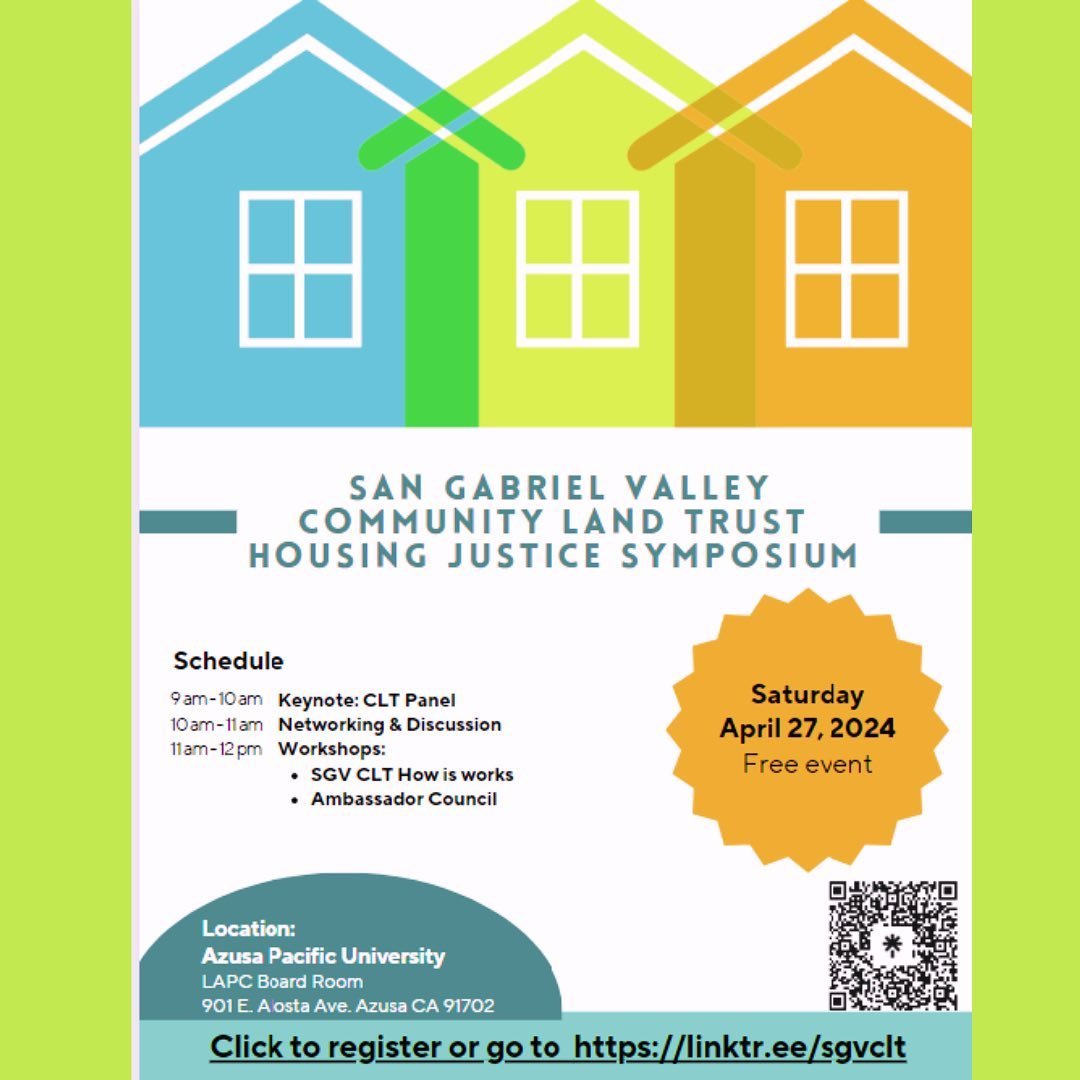 Join us for the Second Annual Housing Justice Symposium!

🏠 Date: April 27, 2024
🕘 Time: 9:00 AM
📍 Location: Azusa Pacific University

Let&rsquo;s come together as a community to discuss and advocate for housing justice in the San Gabriel Valley! 