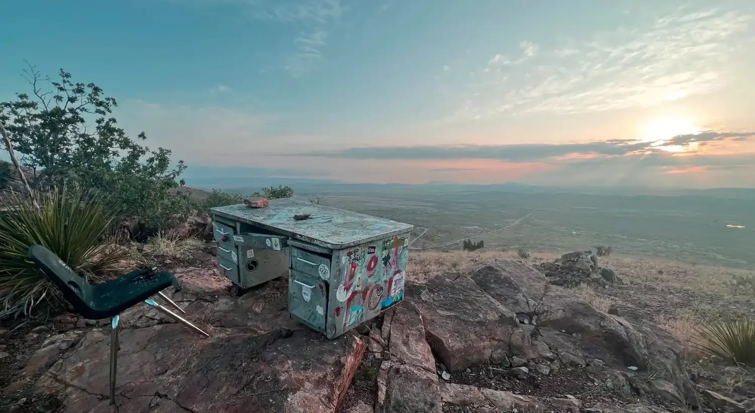 The famous Desk on Hancock Hill is a must-see with spectacular views of the city of Alpine, the Chisos Mountains, and beyond!