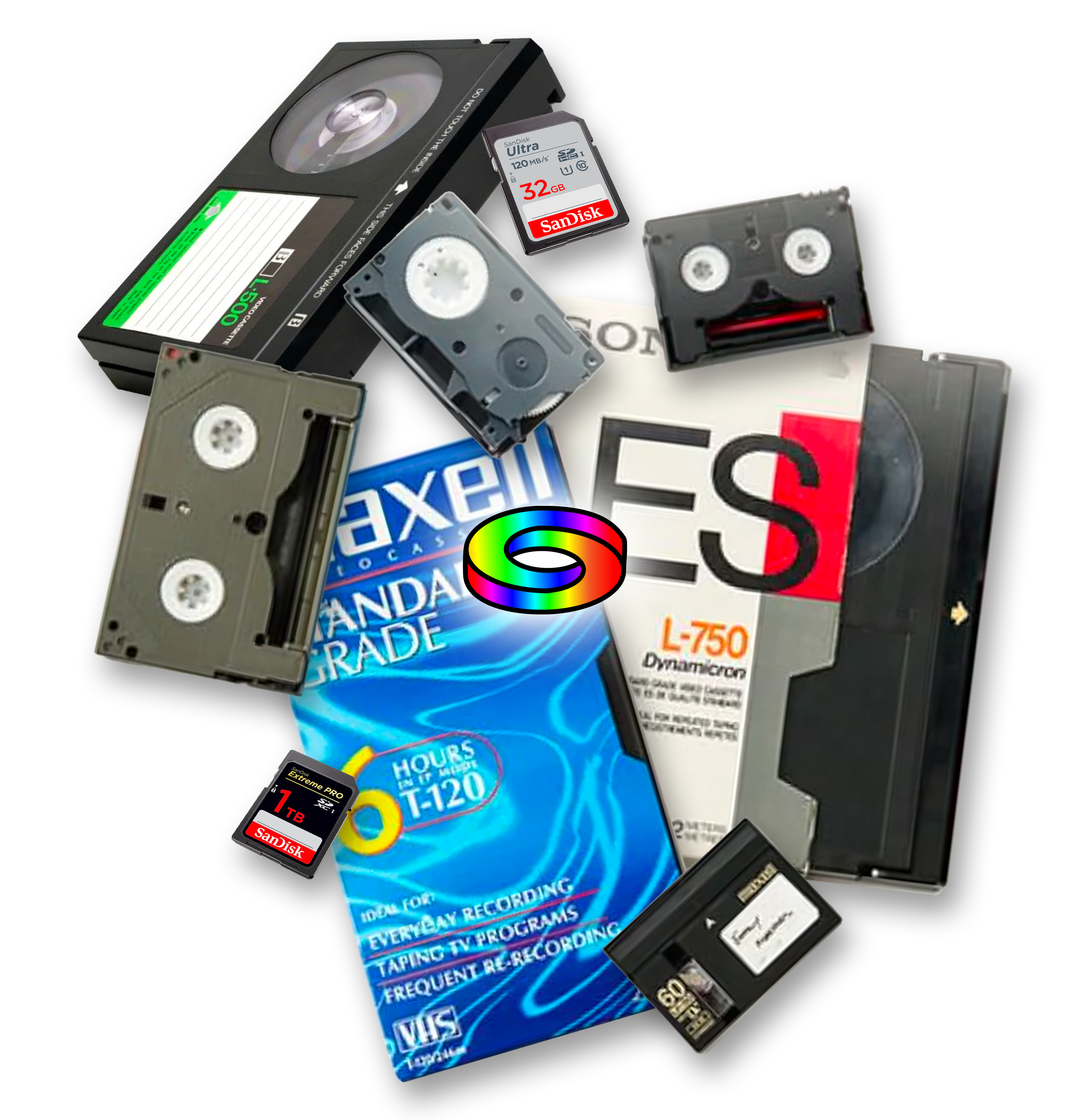 A collection of various data storage media including VHS tapes, SD cards, microSD card, and cassette tapes, along with a colorful rainbow-colored spiral symbol.