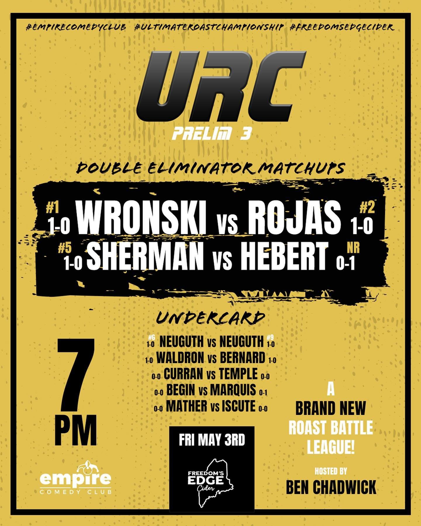TONIGHT - FRIDAY, MAY 3RD! URC (Roast Battle League) at 7pm, doors at 6pm, followed by Jeff Leeson at 9:30pm, doors at 9! Get your tickets at empirecomedyme.com, or the link in our bio. 🎟️
&bull;
#empirecomedyclub #comedyclub #maine #portlandmaine #