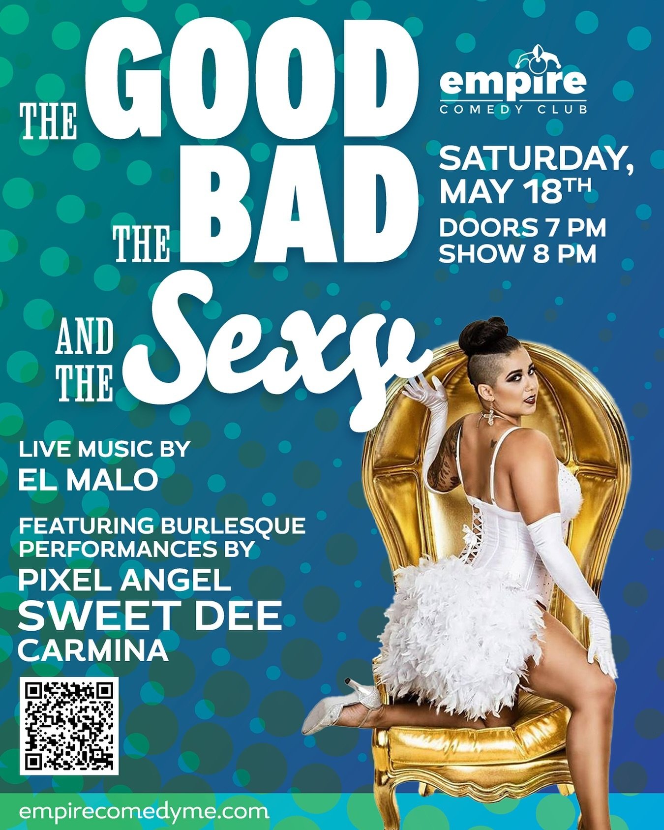 TOMORROW, MAY 18TH! Join us for an evening of live music &amp; burlesque! THE GOOD, THE BAD, AND THE SEXY! Doors at 7pm, show at 8pm. 
&bull;
#empirecomedyclub #comedyclub #maine #portlandmaine #thingstodoinmaine #burlesque #maineburlesque #207 #fun 
