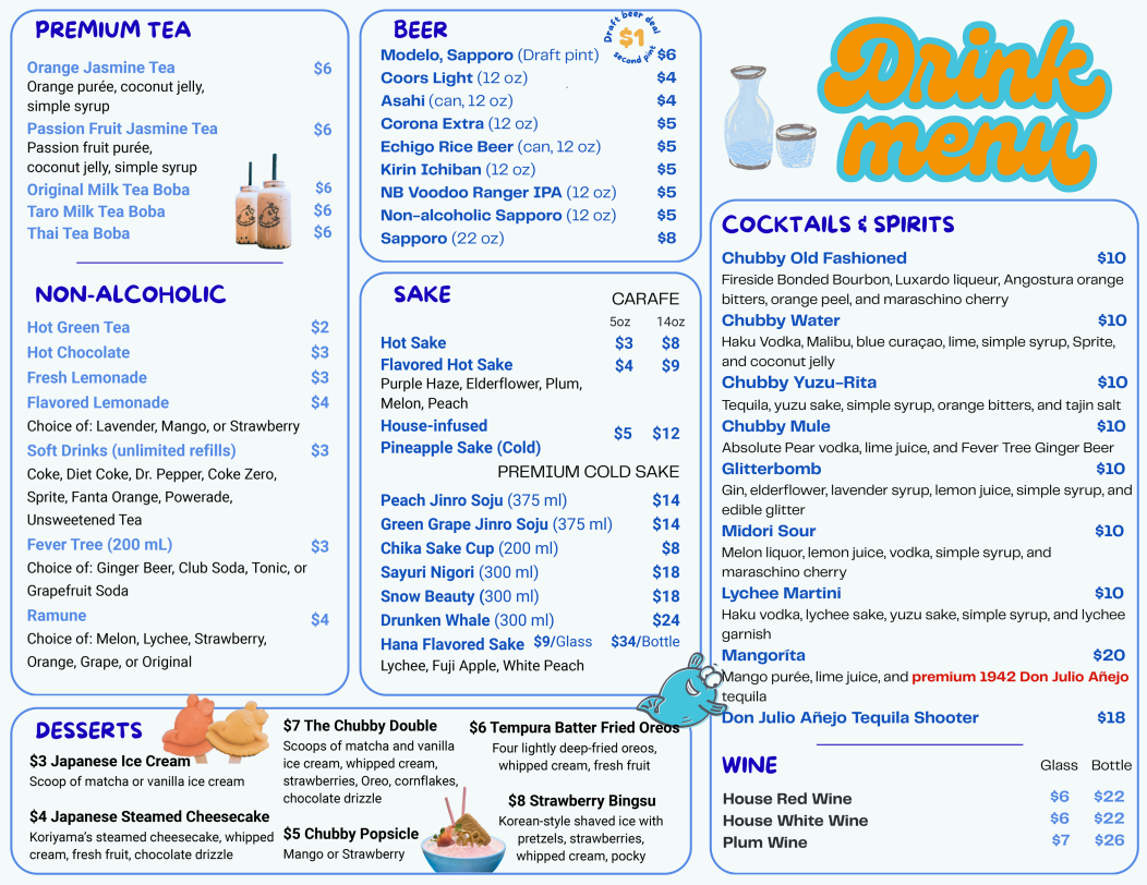 Drink menu listing premium teas, non-alcoholic beverages, beers, sake, cocktails, and wines, with prices and descriptions.