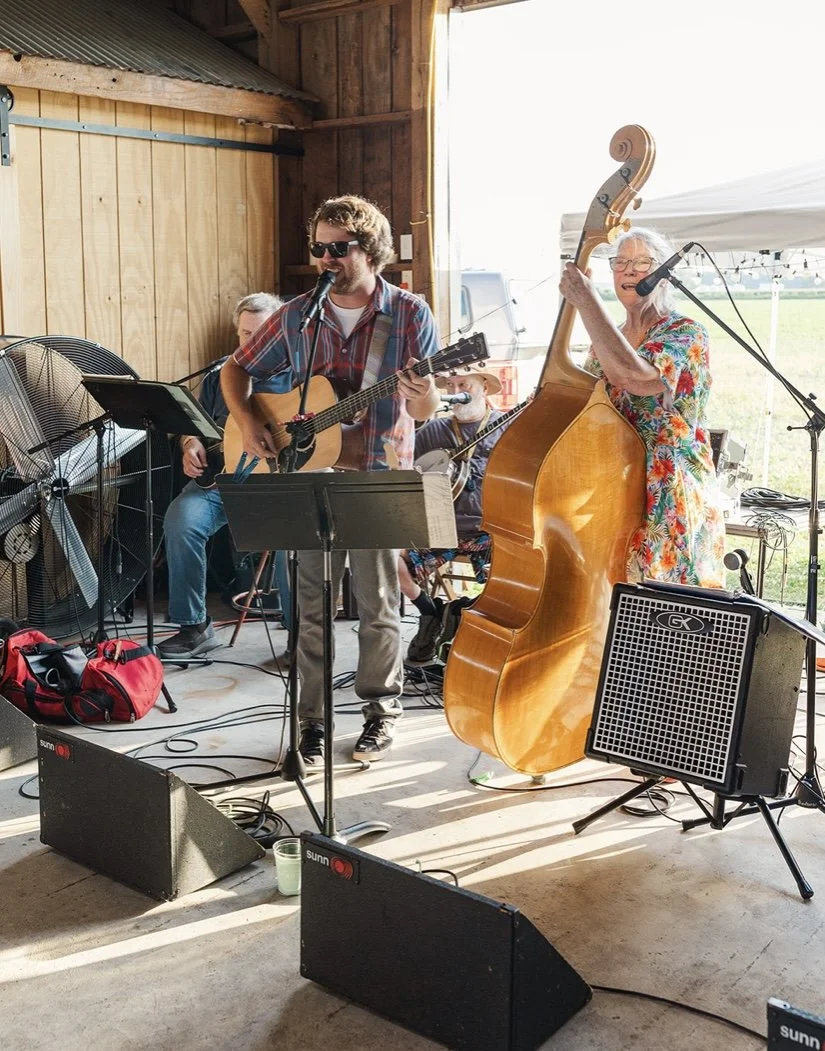 Musicians performing in a rustic wooden barn with sunlight streaming in, including a man with sunglasses playing an acoustic guitar and singing into a microphone, and an elderly woman with white hair playing a double bass and singing into a microphon