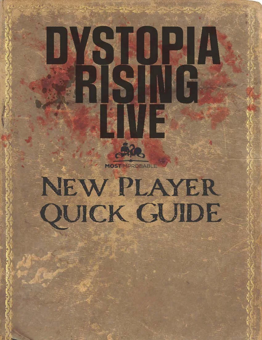 Cover of a guidebook titled 'Dystopia Rising Live: New Player Quick Guide' with a distressed, aged paper background and decorative gold border.