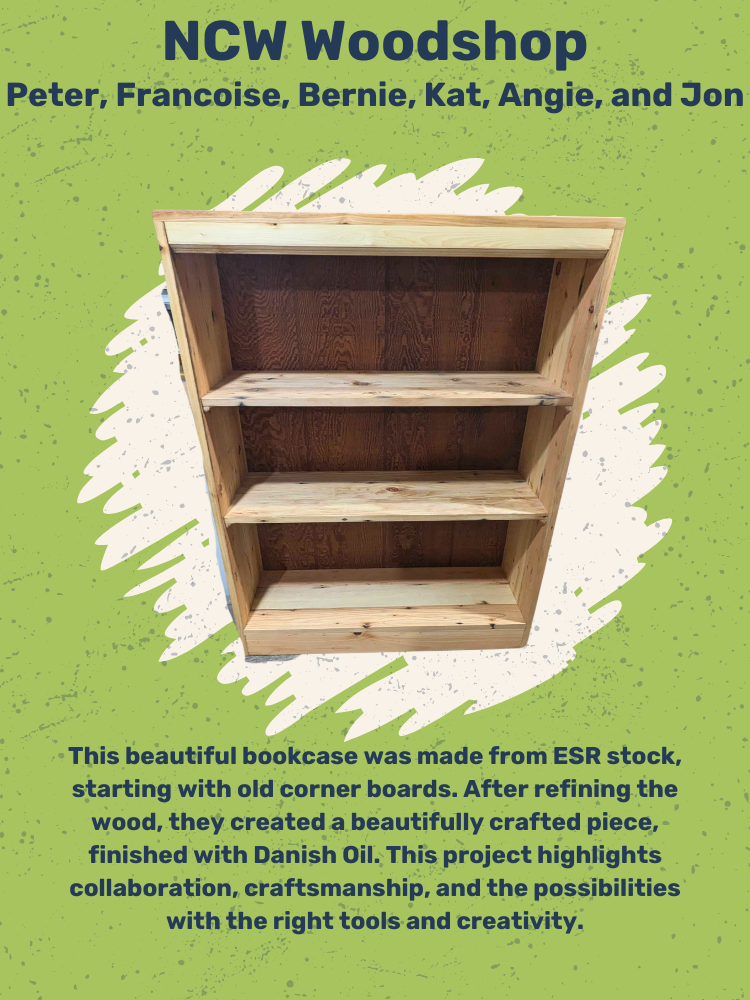 Wooden bookcase with three shelves, made from recycled stock, on a green background with white paint splatter design, with text about a woodworking project.