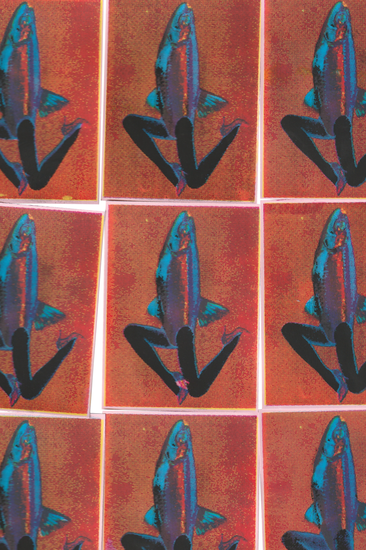 9 Fish with Legs CMYK prints laid out in a grid. Click this photo to be taken to product listing.