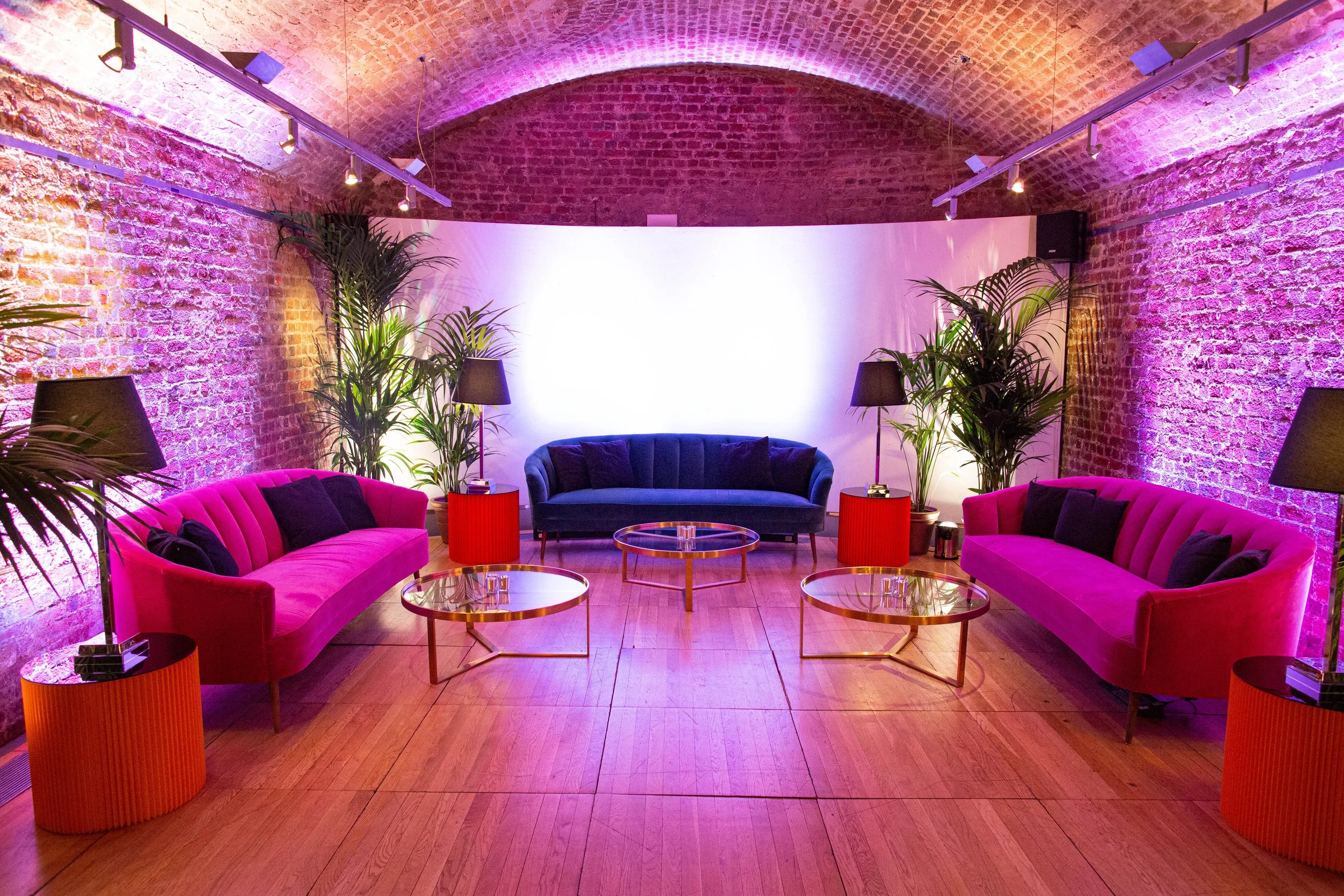 Wedding reception lounge furniture, blue, pink and orange