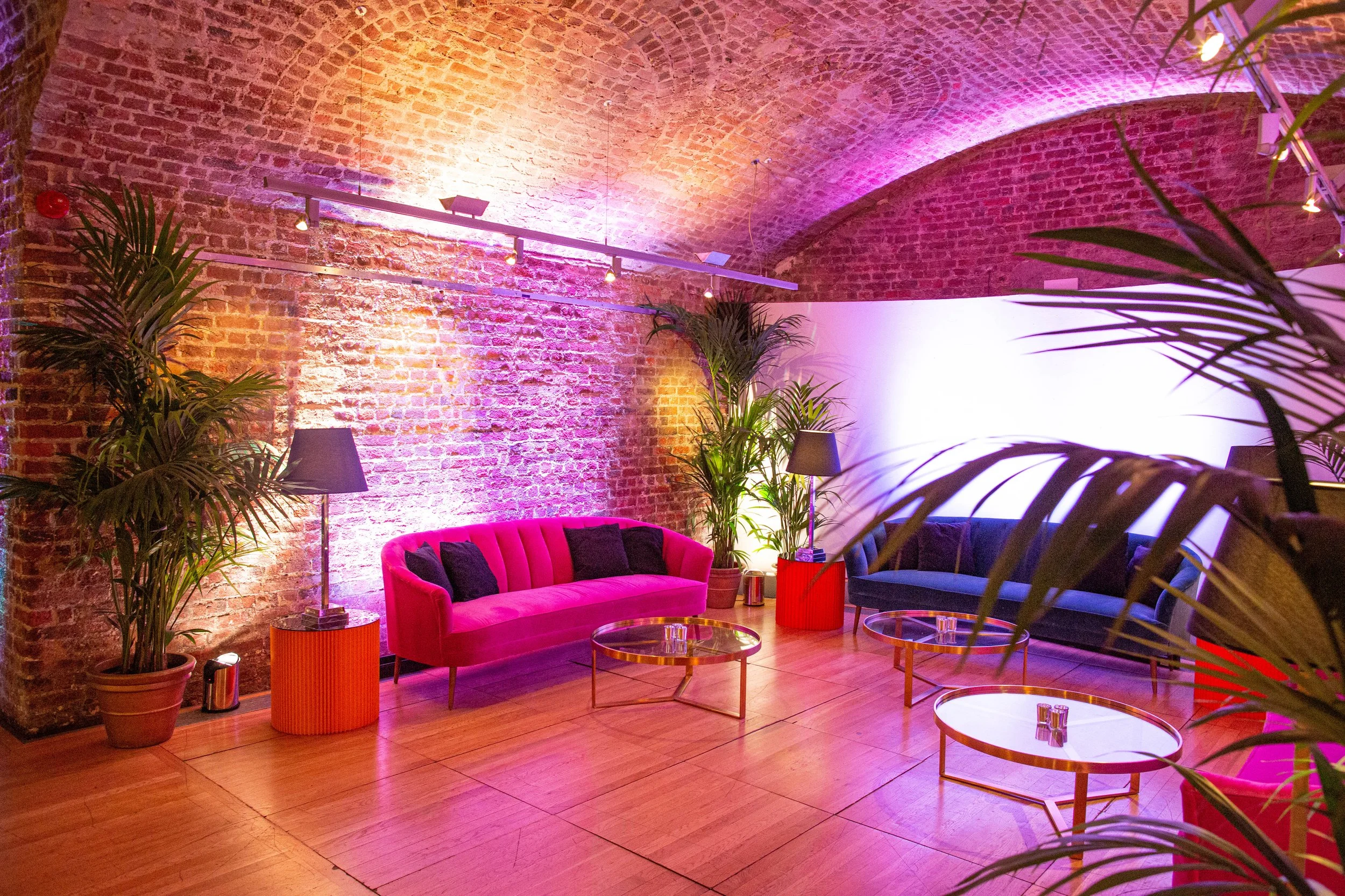 Reception lounge furniture and lighting in underground vaults